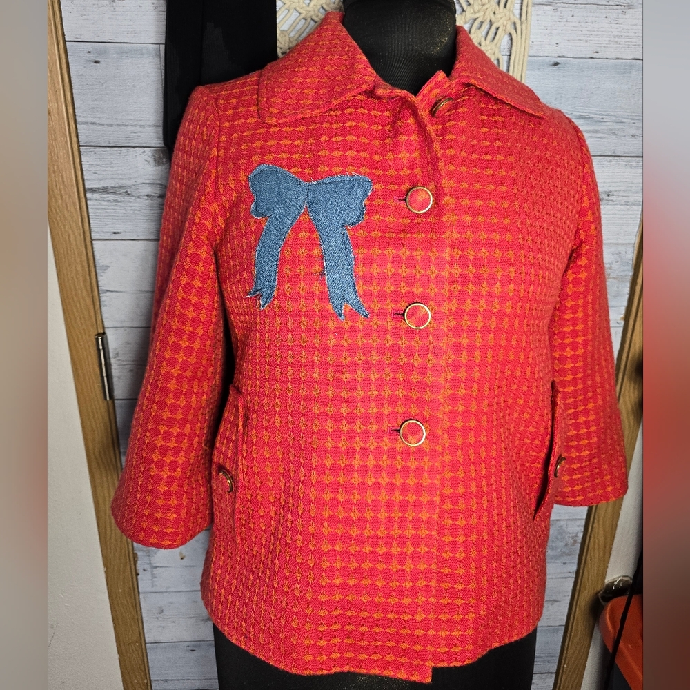 Y2K Banana Republic Pink Orange Tweed Cropped Blazer Jacket Denim Bow Detail